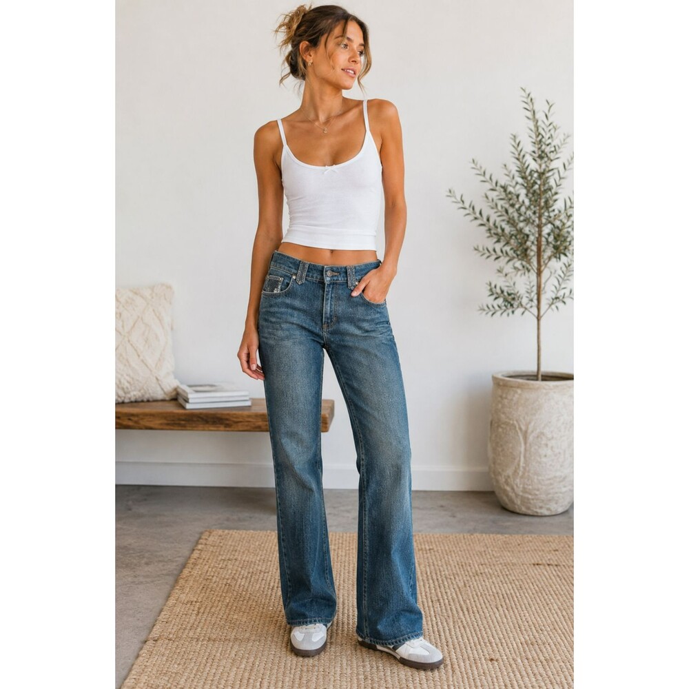 Y2K Embellished Low Rise Bootcut Jeans Medium Wash Rhinestone Denim 2000s